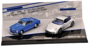 402902010 DOUBLE SET PORSCHE 911 TURBO (997) - 2010 SILVER / VW KARMANN GHIA COUPE - 1955 BLUE - 20 YEARS 1:43